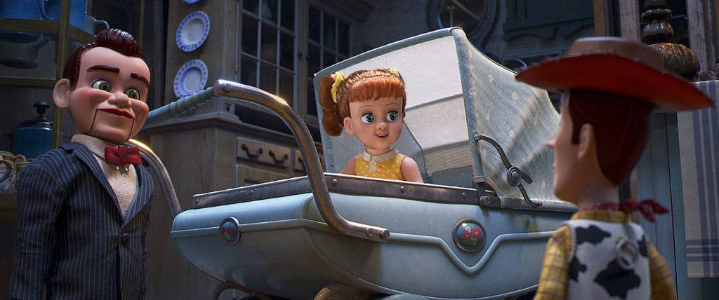 In Toy Story 4, Sheriff Woody (voice of Tom Hanks) must contend with Gabby Gabby (Christina Hendricks), a creepy baby doll with a crew of villainous ventriloquists dummies as henchmen. (Disney / Pixar)