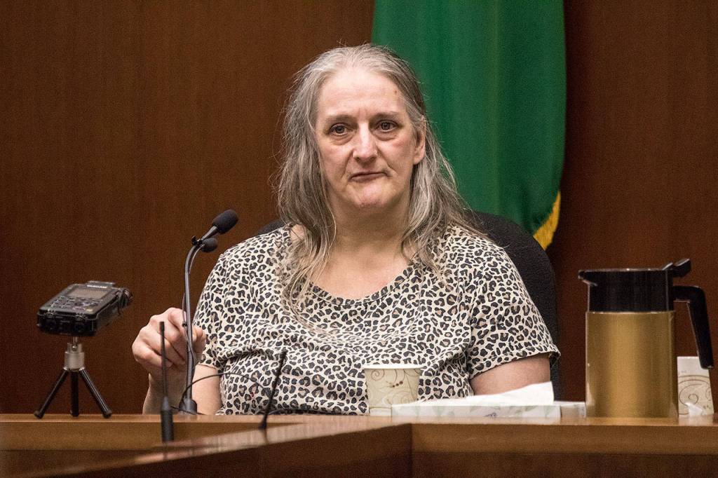 Kara Hopper, who worked at Bens Deli in Allyn, Washington, testifies seeing Jay Cook and Tanya Van Cuylenborg stop in for gas, at the trial of William Talbott II on Wednesday at the Snohomish County Courthouse in Everett. (Andy Bronson / The Herald/POOL)