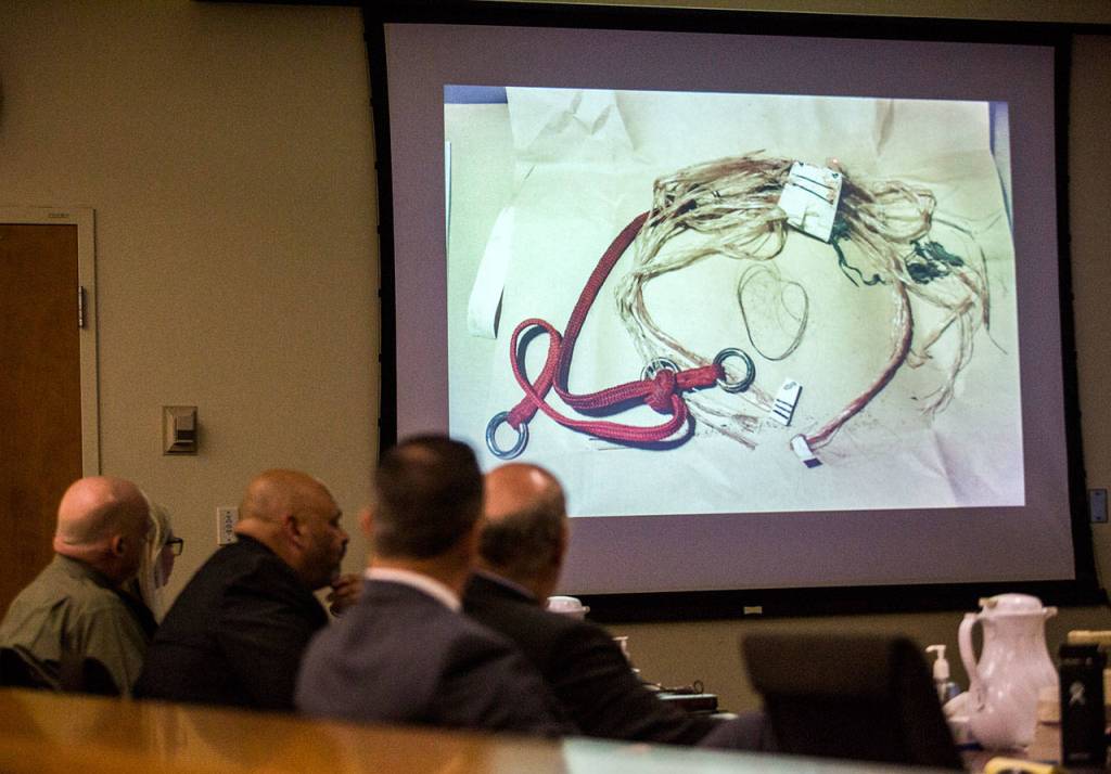 The items used to strangle Jay Cook are displayed by a projector for the jury during the trial of William Talbott II at the Snohomish County Courthouse on Friday in Everett. Talbott is on trial for the 1987 murders of Tanya Van Cuylenborg and Jay Cook. (Olivia Vanni / The Herald)