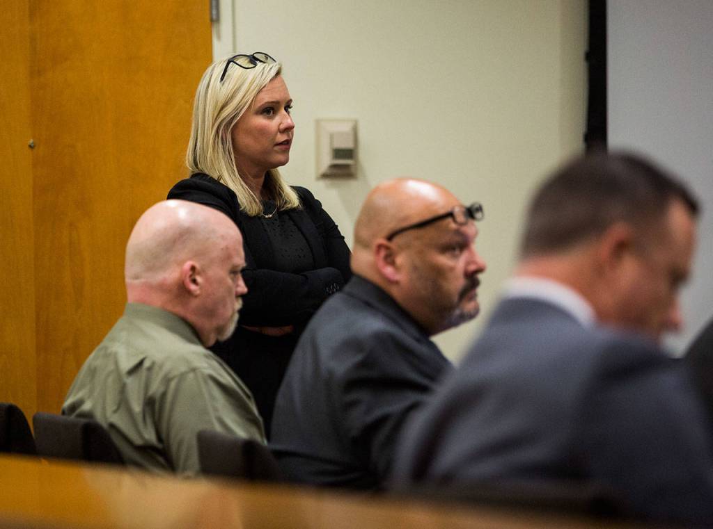 Rachel Forde objects to a question during the trial of William Talbott II (lower left) on Friday in Everett. (Olivia Vanni / The Herald)