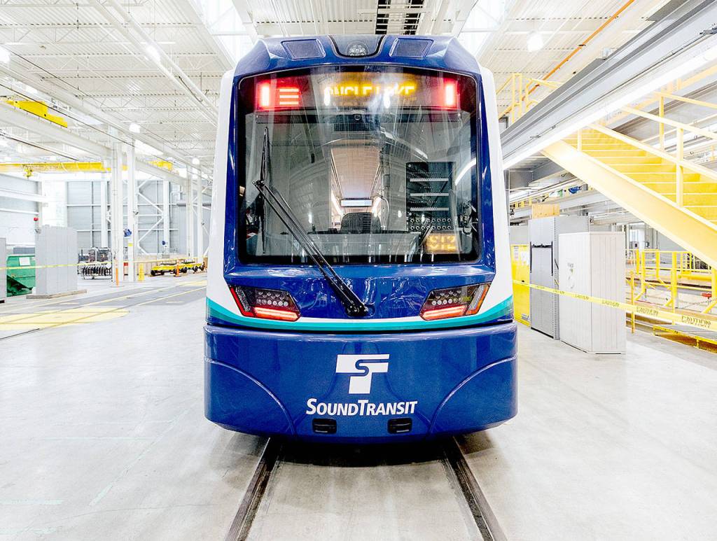 The first Siemens Link light rail vehicle was shown on Wednesday at the Sound Transit maintenance and operations center in Seattle. (Sound Transit)
