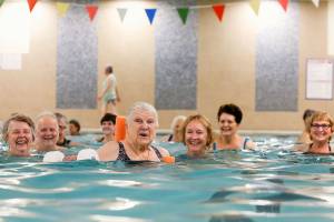 For her 100th birthday party, Teresa Schmierer celebrated at Everetts 24 Hour Fitness with her water aerobics class. Shes been going to water aerobics since she turned 76. (Dan Bates / The Herald)