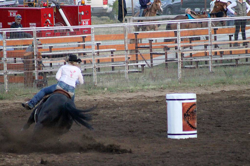 The Darrington Timberbowl Rodeo is scheduled on Saturday and Sunday with some 75 contestants expected to ride each day. Shown here is last years barrel racing event. (Toni Lenon)