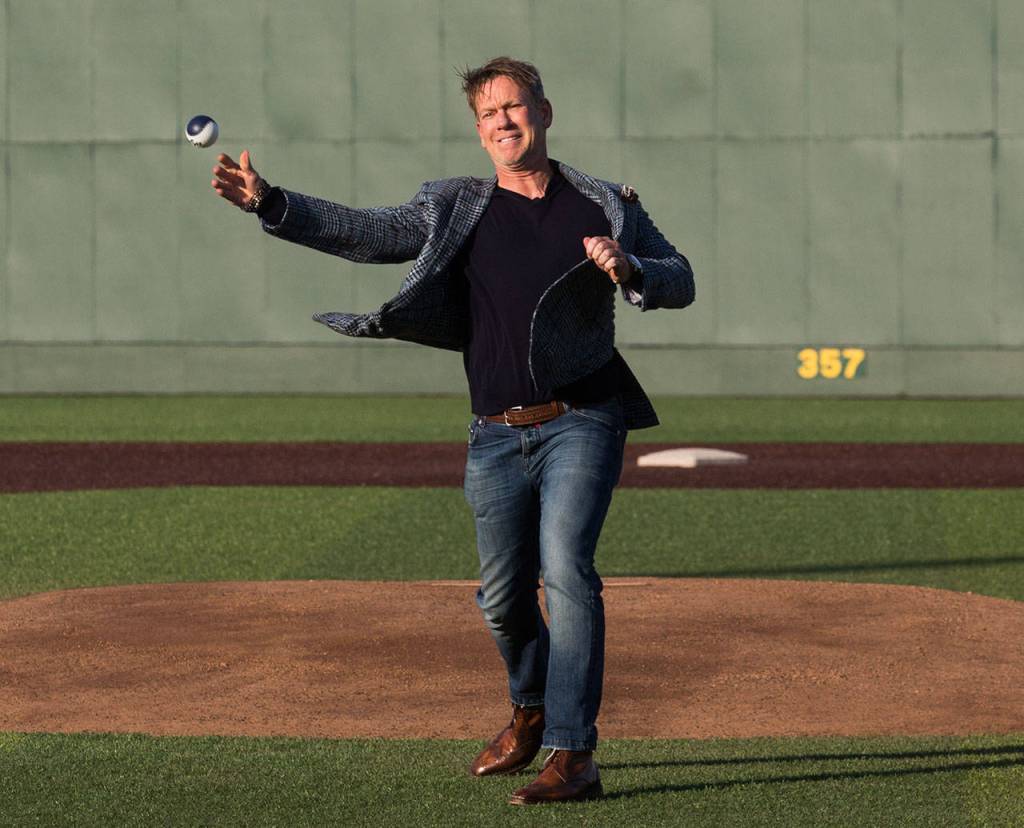 Funko CEO Brian Mariotti throws out the ceremonial first pitch before the AquaSoxs home opener against the Volcanoes on June 21, 2019, at Funko Field at Everett Memorial Stadium. (Andy Bronson / The Herald)