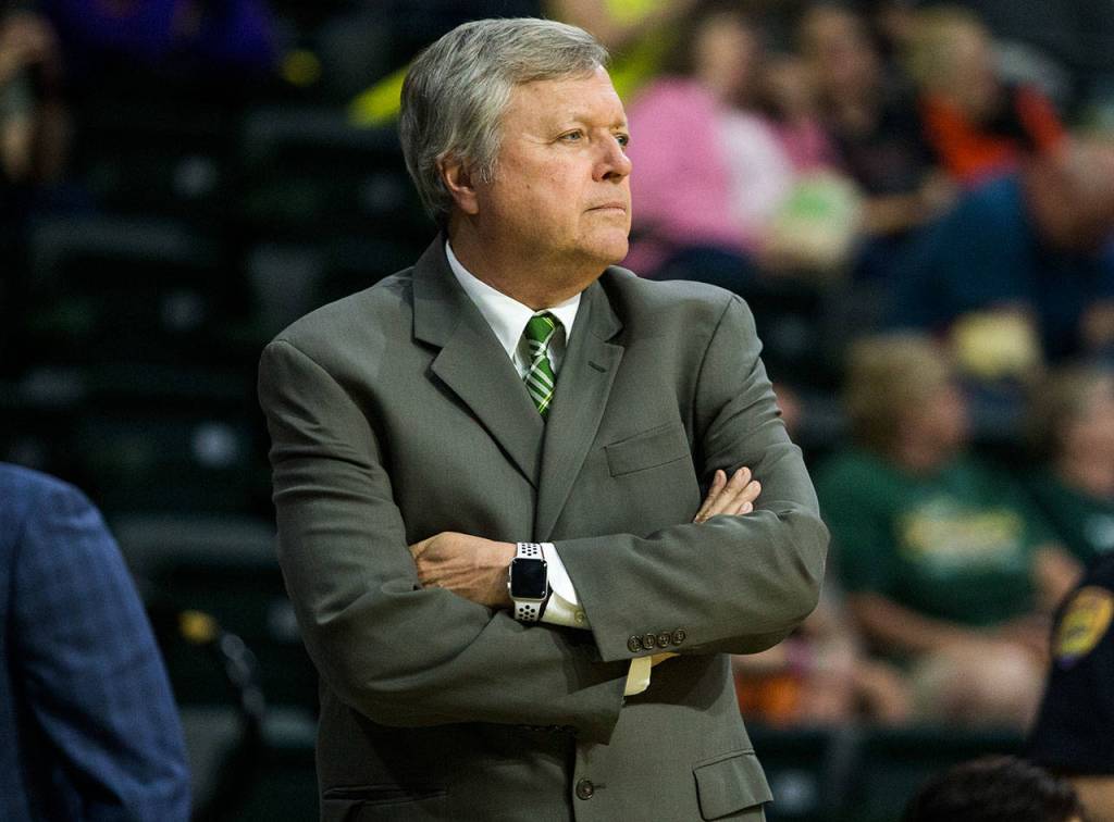 Storm head coach Dan Hughes crosses his arms after a foul call against the Storm during a game against the Sparks on June 21, 2019, at Angel of the Winds Arena in Everett. (Olivia Vanni / The Herald)
