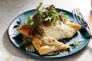Parmesan-crusted halibut on phyllo sounds rich but eats light