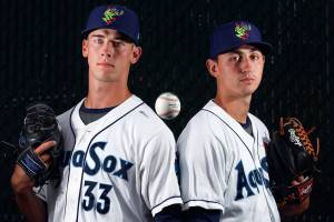 Mariner draft picks Brandon Williamson (left) and George Kirby. (Kevin Clark / The Herald)