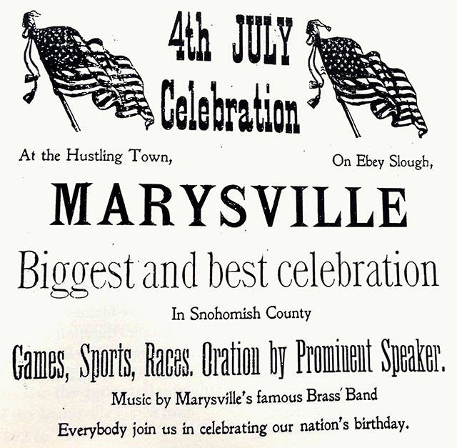 Oration and brass band, but no fireworks, were highlights of July 4, 1896, in Marysville, according to this ad published in the Marysville Globe. (Marysville Historical Society)