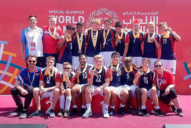 Julio Abad (22) poses with the U.S. mens soccer team that won a bronze medal at the 2019 Special Olympics World Games in March in Abu Dhabi, United Arab Emirates. (Photo courtesy of Julio Abad)