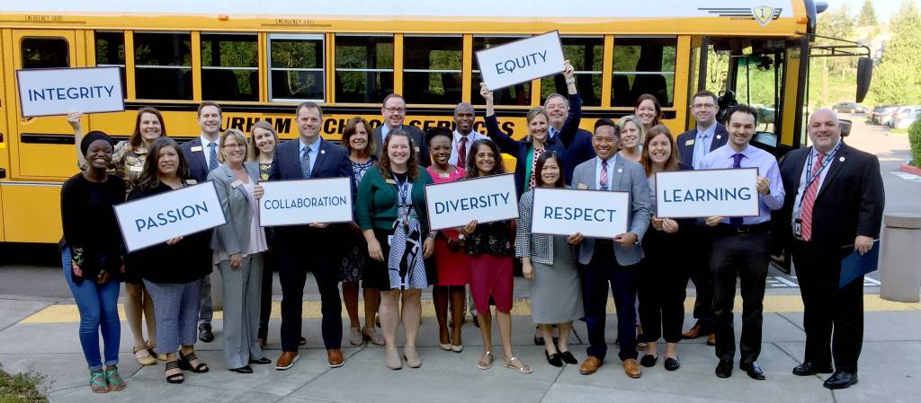 Incoming administrators in Everett Public Schools received an introduction from new Superintendent Ian Saltzman (far right) prior to their two-day professional development bus tour through the district. (Everett Public Schools)