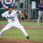 Juan Then pitches for the AquaSox during a game against the Hawks on July 2, 2019, at Funko Field at Everett Memorial Stadium. (Katie Webber / The Herald)