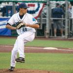 Juan Then pitches for the AquaSox during a game against the Hawks on July 2, 2019, at Funko Field at Everett Memorial Stadium. (Katie Webber / The Herald)