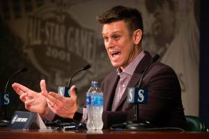 Seattle Mariners general manager Jerry Dipoto answers questions during the annual pre-spring training media event, Thursday, Jan. 24, 2019 in Seattle. (Steve Ringman/The Seattle Times via AP)
