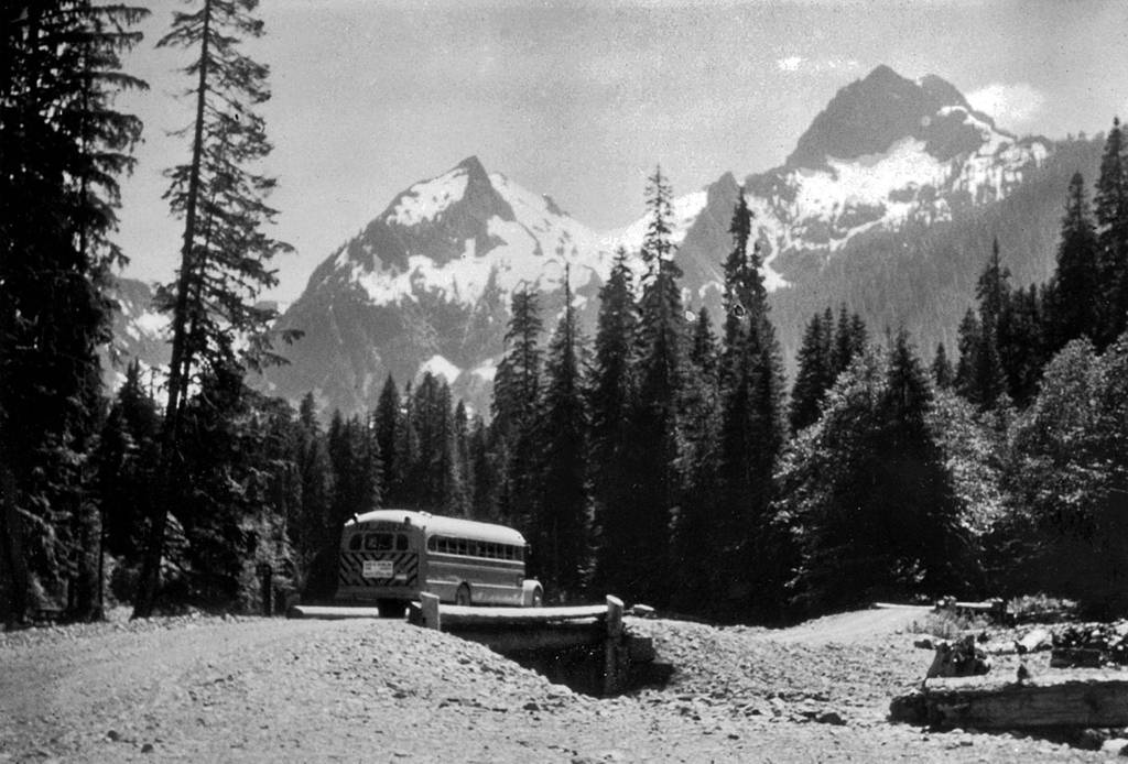 A bus drives toward the mountains near Camp Silverton in an undated photo.