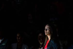 The Seattle Storms Sue Bird stands during the national anthem wearing Megan Rapinoes USWNT jersey before the game against the Los Angeles Sparks at Angel of the Winds Arena on Friday, June 21, 2019 in Everett, Wash. (Olivia Vanni / The Herald)