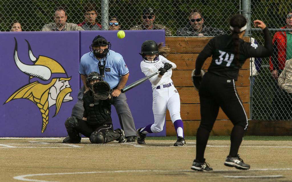 Lake Stevens Emma Fortney hits a 2-run homer in in a game against Jackson on May 1, 2018 in Lake Stevens. (Andy Bronson / The Herald)