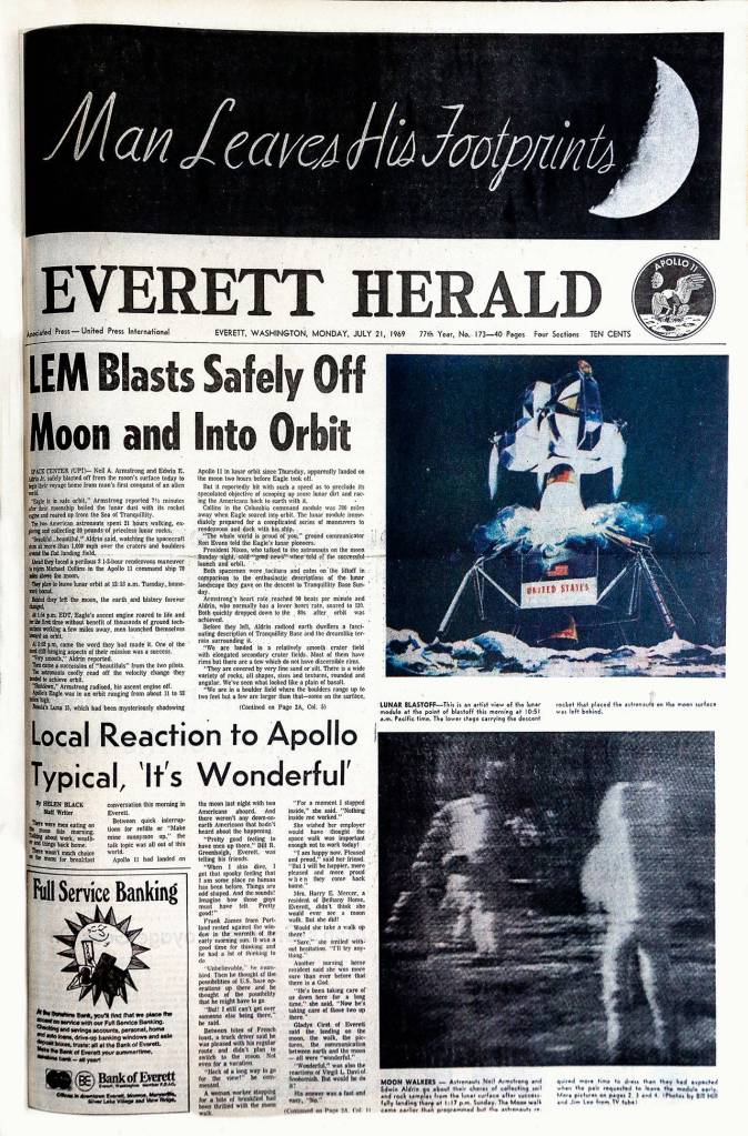 The Everett Herald on July 21, 1969, was the first news of the moon landing delivered to local readers of the newspaper. At the time, there was no Sunday edition of The Everett Herald, then a six-day publication.