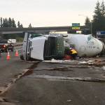 A truck driver was taken to the hospital with minor injuries after a cement truck rollover collision on northbound I-5 at the on-ramp from I-405 in Lynnwood. (Washington State Patrol)
