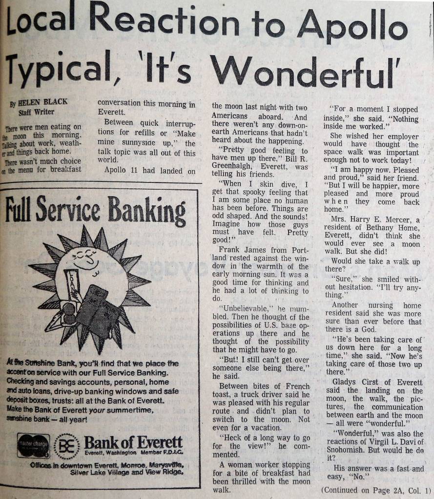 From the front page of The Daily Herald of Everett on Monday, July 21, 1969. (Dan Bates / The Herald)
