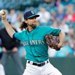 Mariners starting pitcher Mike Leake throws against the Angels during the first inning of a game July 19, 2019, in Seattle. (AP Photo/Ted S. Warren)