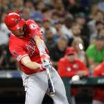 The Angels Mike Trout connects on a three-run home run during the ninth inning of a game against the Mariners on July 20, 2019, in Seattle. (AP Photo/Elaine Thompson)