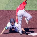 Everetts Billy Cooke is tagged out by Spokanes Christian Inoa on Sunday afternoon at Funko Field at Everett Memorial Stadium. (Kevin Clark / The Herald)