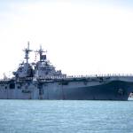The amphibious assault ship USS Boxer transits San Diego Bay in San Diego, California, in May. President Trump says the USS Boxer destroyed an Iranian drone in the Strait of Hormuz amid heightened tensions between the two countries. (Mass Communication Specialist 2nd Class Jesse Monford/U.S. Navy via Associated Press)