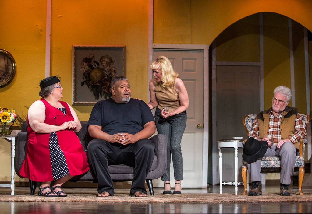 The cast rehearses Exit the Body at the Historic Everett Theatre. (Olivia Vanni / The Herald)