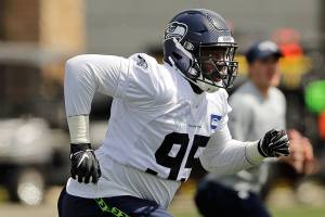 Seattle Seahawks defensive end L.J. Collier runs a drill during NFL football rookie minicamp, Friday, May 3, 2019, in Renton, Wash. (AP Photo/Ted S. Warren)
