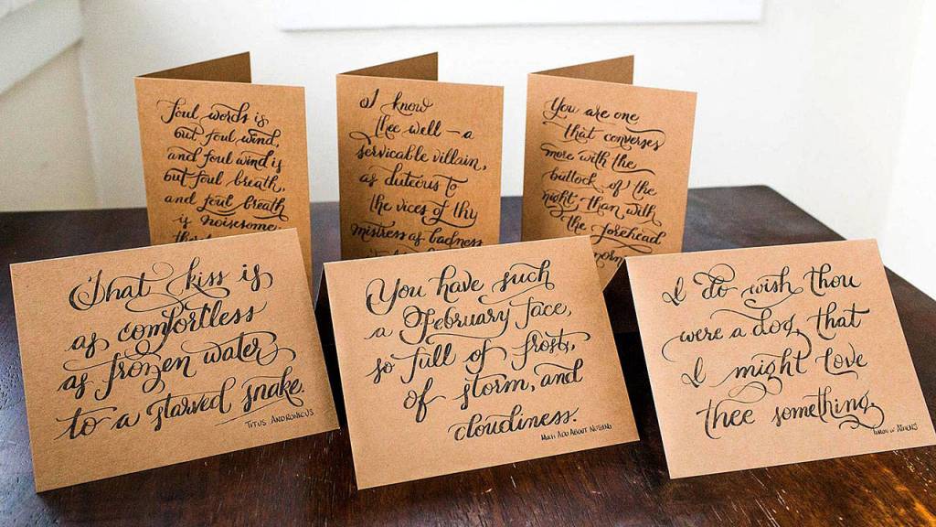 A set of Shakespearean insult greeting cards, created by Everett artist Rosemary Jones, will be one of several door prizes at the Wiggums Hollow Park performance. (Rosemary Jones)