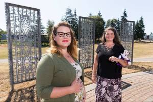 Everetts Delta Neighborhood Association co-chairwoman Mary Fosse, left, and Pamela Hanes are helping to bring Seattle Shakespeare Co.s summer touring troupe, known as Wooden O Productions, to Wiggums Hollow Park. Shot at the park on Monday, July 29, 2019 in Everett, Wash. The event is free and happens on Saturday. (Andy Bronson / The Herald)