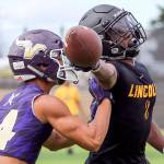 Lake Stevens play Lincoln in the quarterfinals Saturday afternoon during the Cougar Championship Passing Tournament at Lakewood High School in Marysville on July 27, 2019. (Kevin Clark / The Herald)