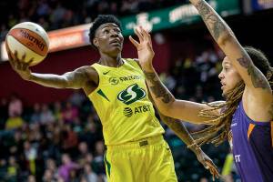 The Seattle Storms Natasha Howard attempts a layup during the season opener against the Phoenix Mercury on Saturday, May 25, 2019 in Everett, Wash. (Olivia Vanni / The Herald)