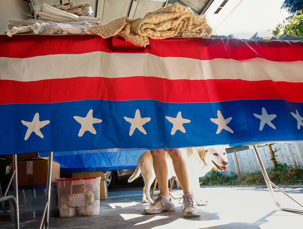 As Carol Wheeler sorts knit and fabric items for Saturdays Mother of All Garage Sales, the familys yellow Lab, Daisy, hangs out nearby, beneath tables in the garage. (Dan Bates / The Herald)