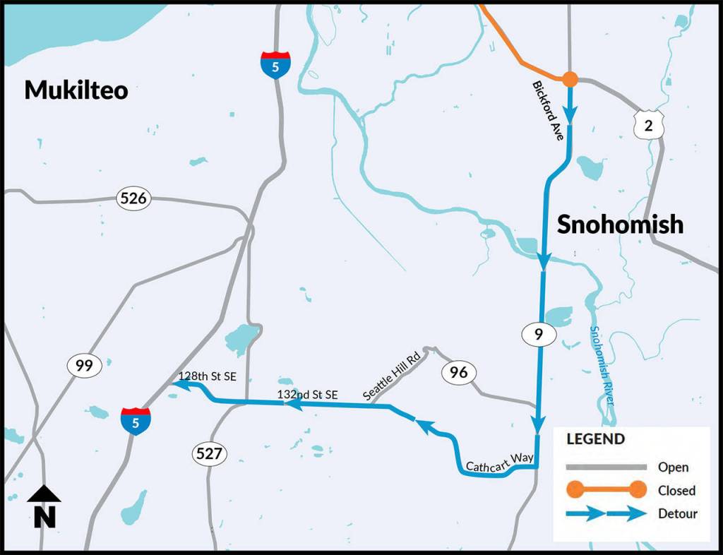 Southbound detour for the weekend closure of the U.S. 2 trestle. (Washington State Department of Transportation)