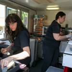 Linda Van Eyck (left) and Shoshana Hazan work in their food truck, Mama Shoshanas, during Kla-Ha-Yah Days in Snohomish. (Kevin Clark / The Herald)