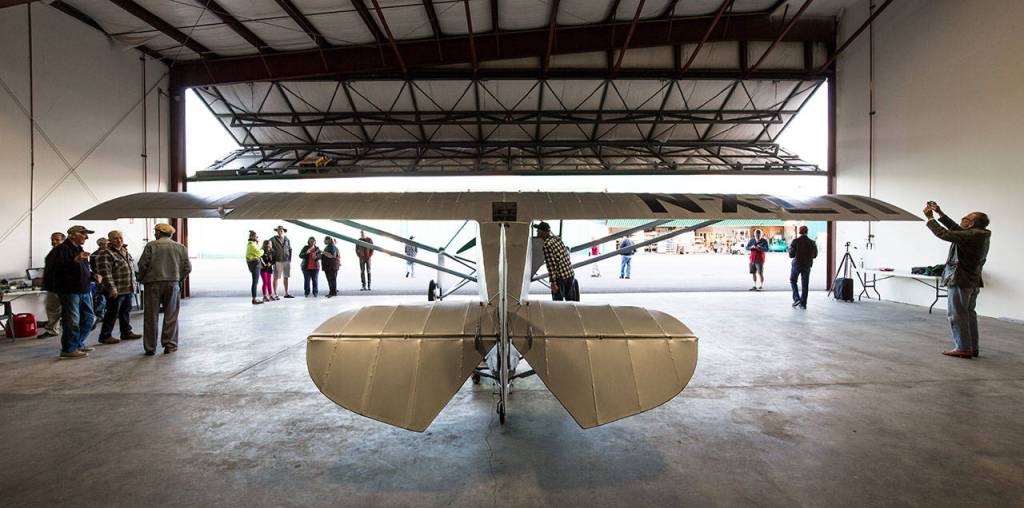 John Normans replica of the Spirit of St. Louis sits in the hangar at Arlington Municipal Airport on July 28. (Andy Bronson / The Herald)