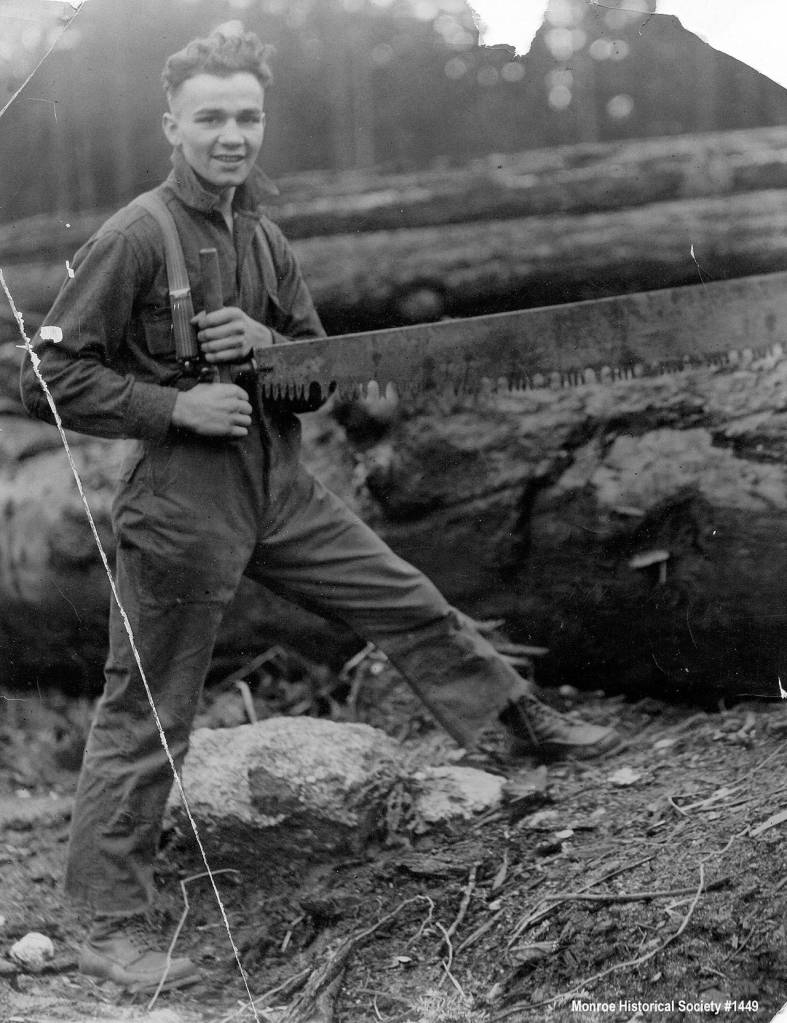 Famous Monroe boxer Dode Bearcat Bercot, shown here in 1925, worked in the areas logging camps as a high-rigger who climbed tall evergreen trees and cut off the tops. (Monroe Historical Society & Museum)