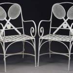 This pair of wrought iron chairs made with crossed tennis rackets and a ball of iron for the back didnt sell, perhaps because they were old but repainted. They had been estimated at $1,200 to $1,800. (Cowles Syndicate Inc.)