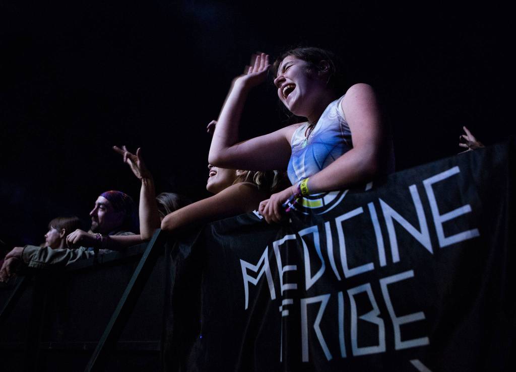 A Nahko And Medicine For The People fan sings along to one of their songs during the first day of Summer Meltdown on Thursday, Aug. 1, 2019 in Darrington, Wash. (Olivia Vanni / The Herald)