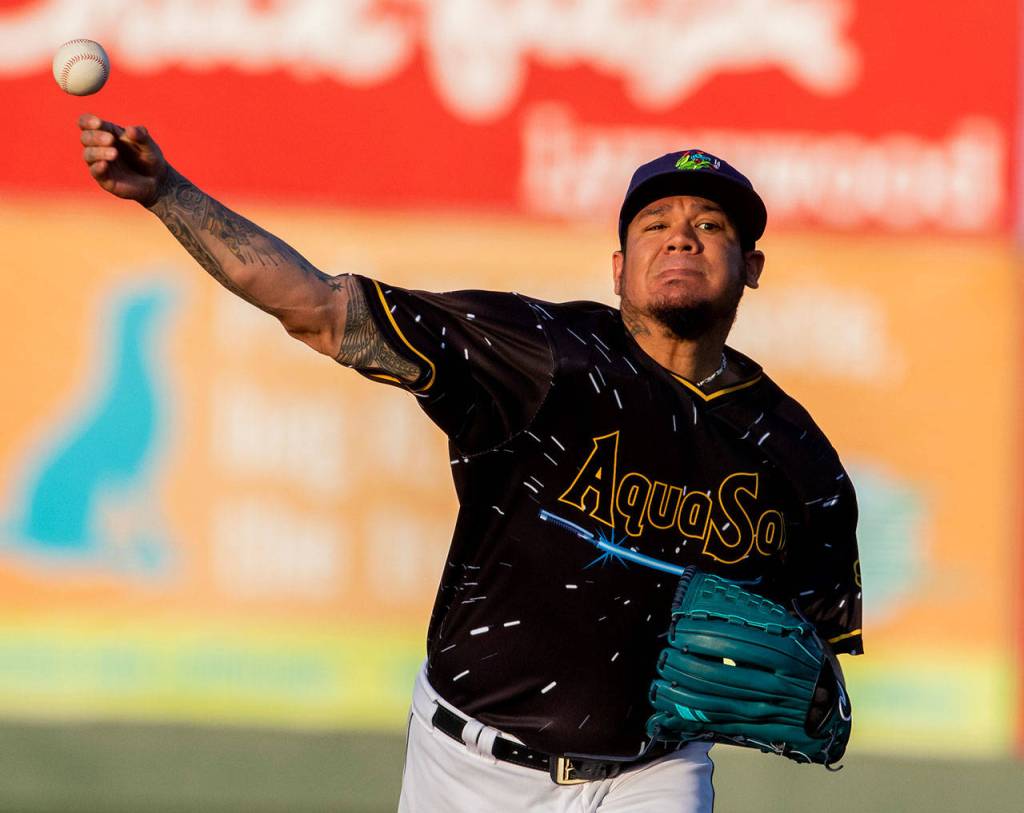 Mariners pitcher Felix Hernandez pitches for the AquaSox during a rehab appearance against the Indians on Aug. 2, 2019, at Funko Field at Everett Memorial Stadium. (Dougal Brownlie / For The Herald)