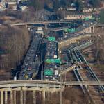 Looking east toward the U.S. 2 trestle as cars begin to backup in Everett. (Andy Bronson / Herald file)