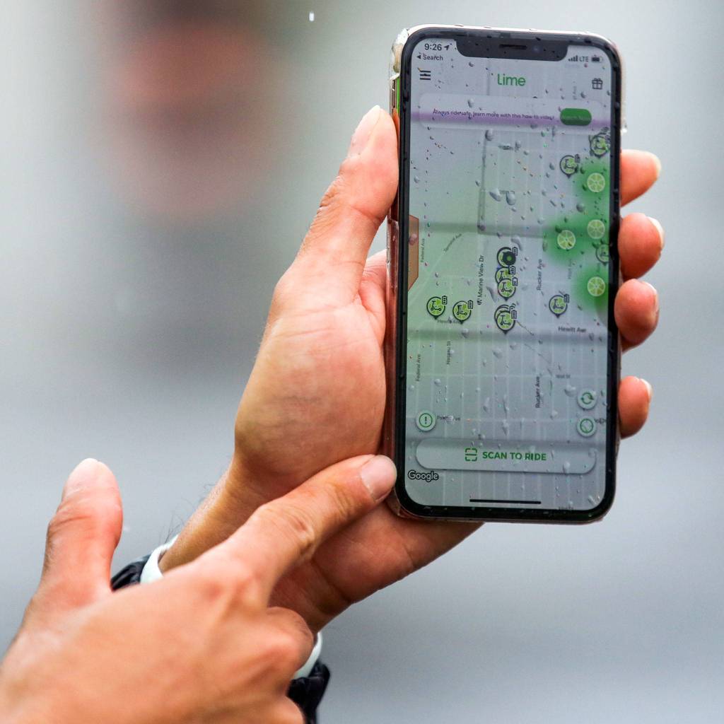 The app used to activate the e-scooters Saturday morning in Everett on August 10, 2019. (Kevin Clark / The Herald)