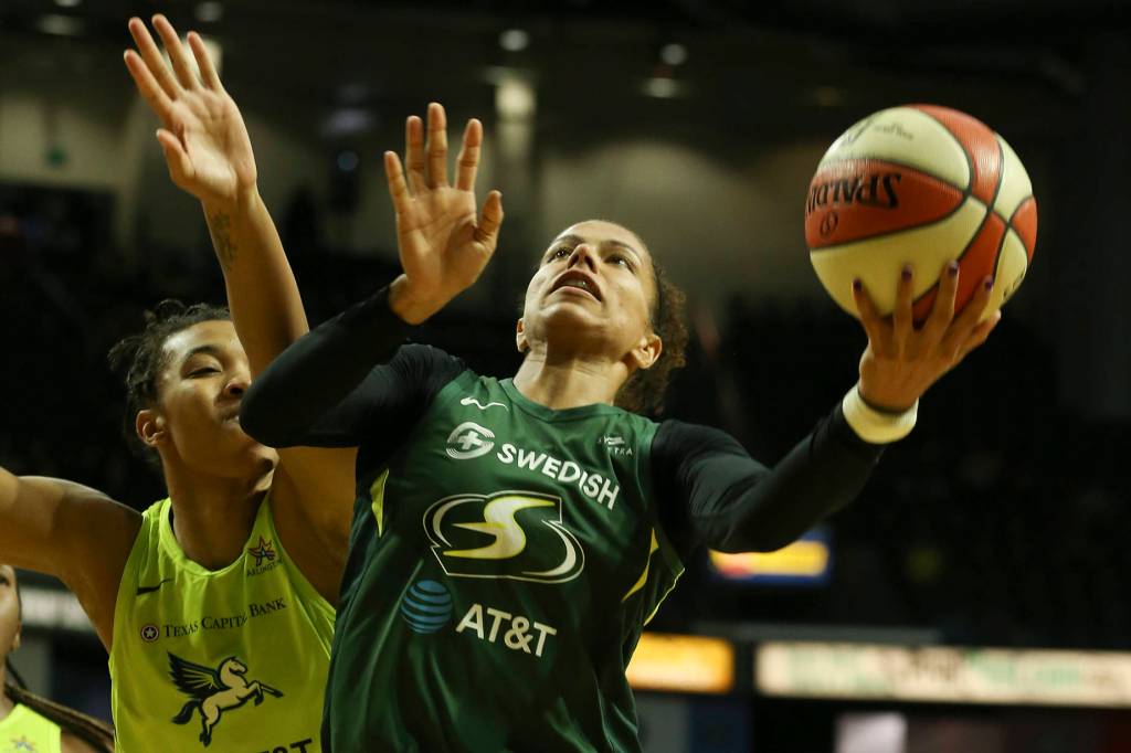 Scenes of the Seattle Storms final regular season home game against the Dallas Wind Thursday evening at Angel of the Wings in Everett on August 8, 2019. The Storm won 69-57. (Kevin Clark / The Herald)