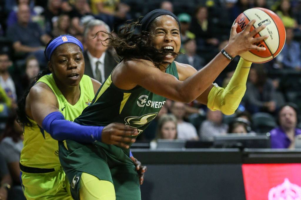 Scenes of the Seattle Storms final regular season home game against the Dallas Wind Thursday evening at Angel of the Wings in Everett on August 8, 2019. The Storm won 69-57. (Kevin Clark / The Herald)