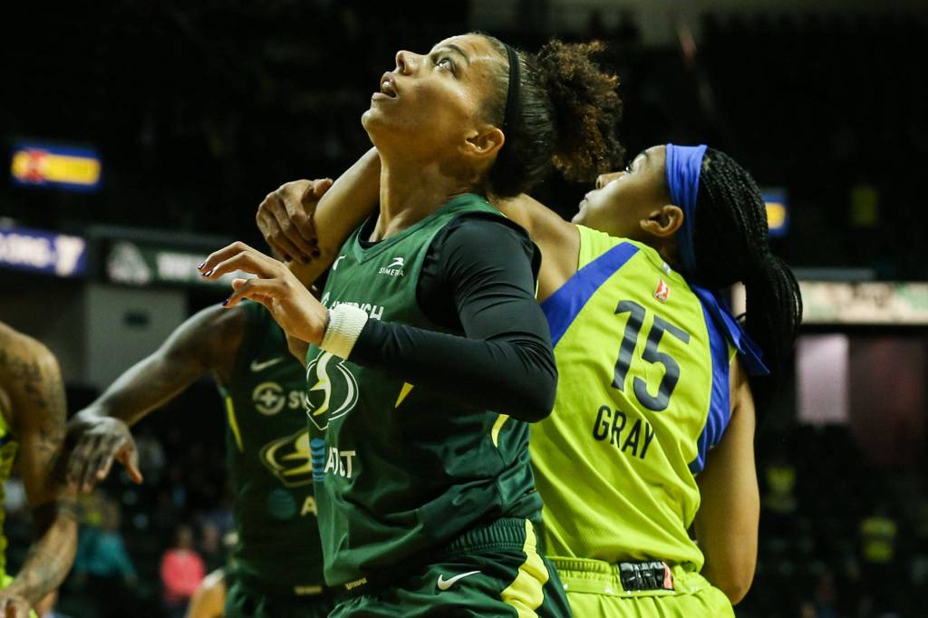 Scenes of the Seattle Storms final regular season home game against the Dallas Wind Thursday evening at Angel of the Wings in Everett on August 8, 2019. The Storm won 69-57. (Kevin Clark / The Herald)