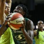 Scenes of the Seattle Storms final regular season home game against the Dallas Wind Thursday evening at Angel of the Wings in Everett on August 8, 2019. The Storm won 69-57. (Kevin Clark / The Herald)
