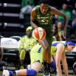 Scenes of the Seattle Storms final regular season home game against the Dallas Wind Thursday evening at Angel of the Wings in Everett on August 8, 2019. The Storm won 69-57. (Kevin Clark / The Herald)