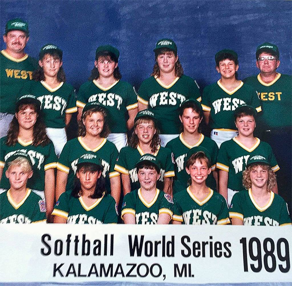 The All-Stars from Marysville in a team photo from the Little League Softball World Series played in Kalamazoo, Michigan, in 1989.