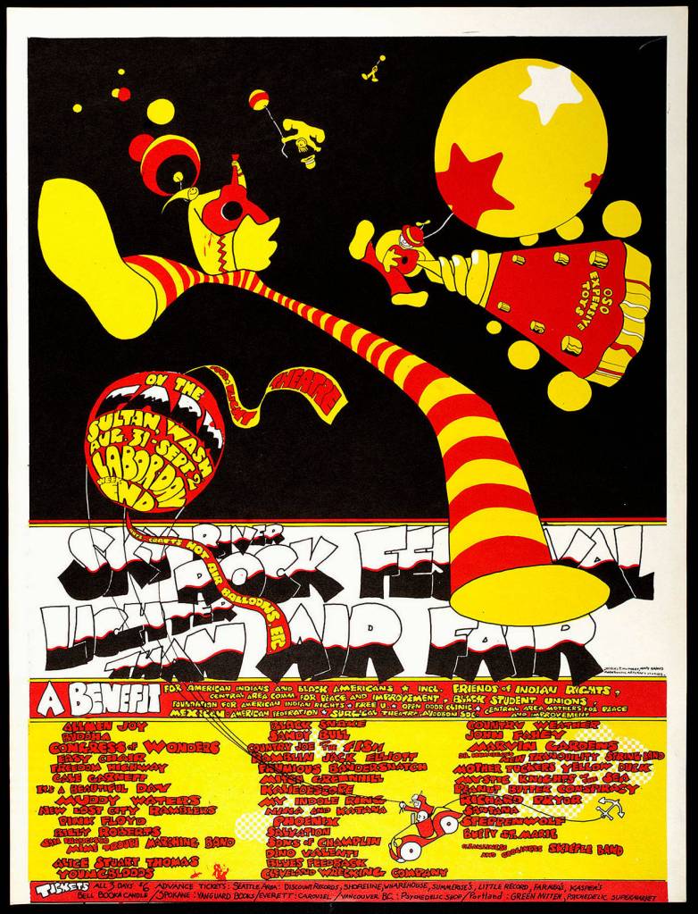 This poster from the Sky River Rock Festival and Lighter Than Air Fair lists Pink Floyd, Muddy Waters, Youngbloods, Country Joe and the Fish, Ramblin Jack Elliott, Richard Pryor and Santana among the performers. (Courtesy Museum of Pop Culture)